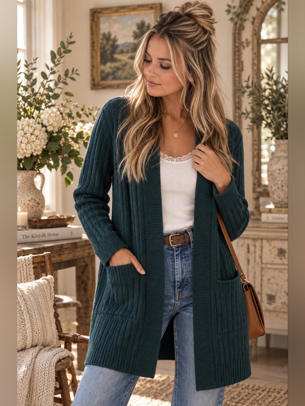 LOFT Ribbed Open Front Cardigan Sweater Teal Blue‎ Green Patch Pockets Size M